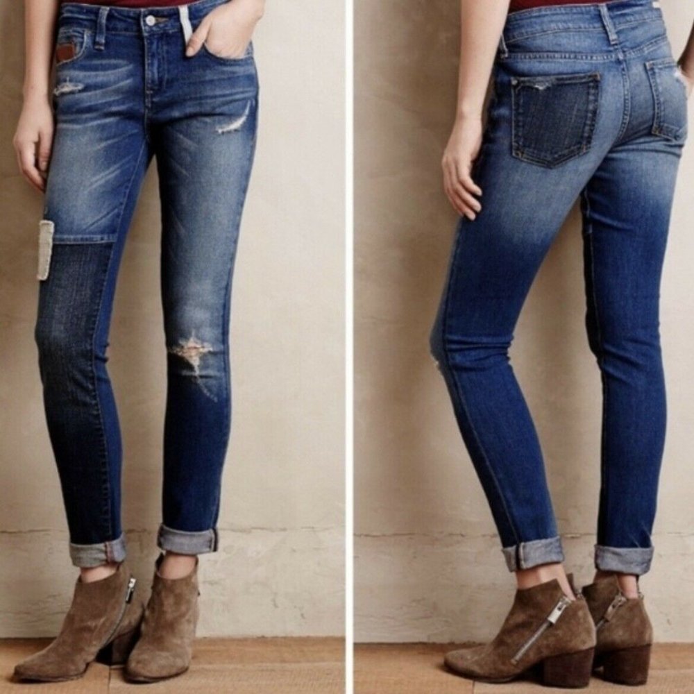 Anthro Pilcro Stet fit Patch Distressed Jeans Slim